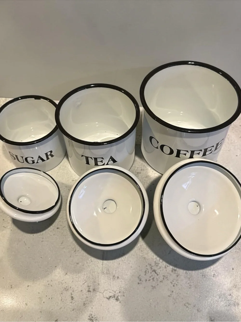 a new day White & Black Enamel Tea, Coffee & Sugar Canister Set